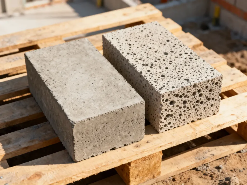 Porównanie pustaka betonowego i keramzytowego na palecie budowlanej, obrazujące różnice w strukturze materiałów.