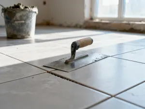 Precyzyjne układanie wielkoformatowej płytki ceramicznej przy użyciu systemu poziomowania na przygotowanym podłożu.