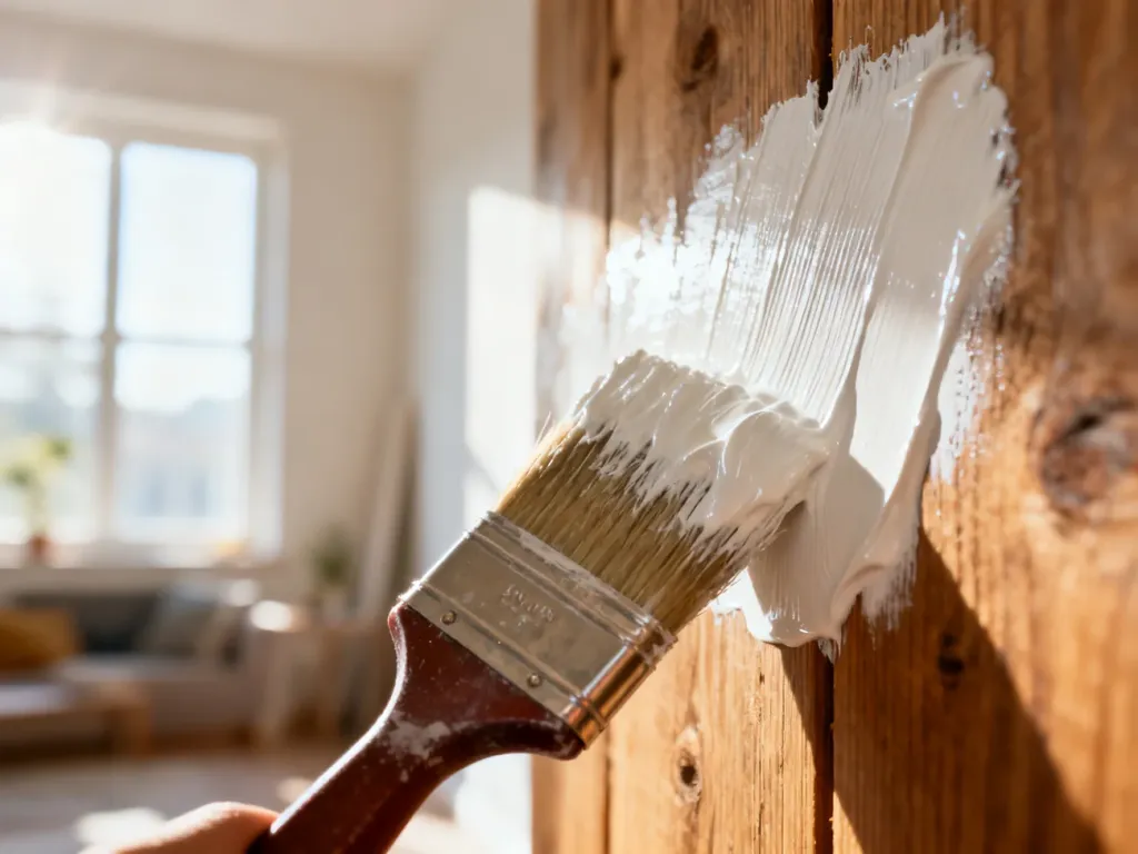 Pędzel nakładający równą warstwę białej farby na drewnianą ścianę, obrazujący proces malowania wnętrza.