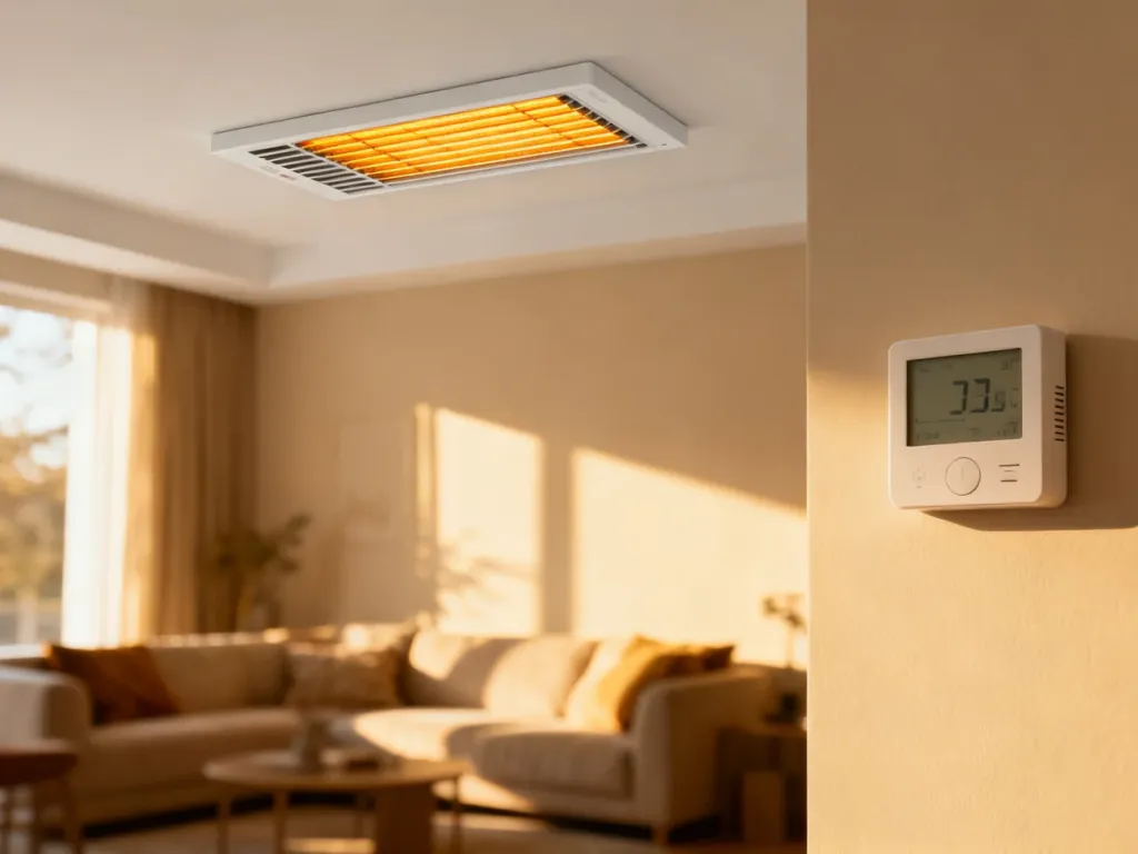Panel grzewczy na podczerwień zamontowany na suficie oraz termostat z danymi o zużyciu energii w nowoczesnym salonie.