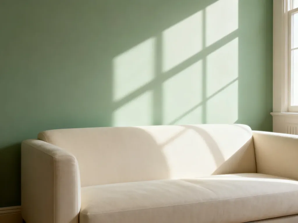 Kremowa sofa na tle szałwiowej ściany w słonecznym salonie, prezentująca eleganckie połączenie kolorystyczne.