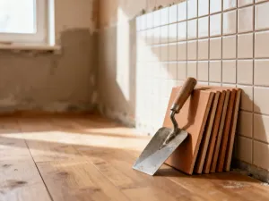 Nowoczesna elewacja domu z lat 70. po termomodernizacji w odcieniach szarości i kremu, z widocznymi materiałami izolacyjnymi.