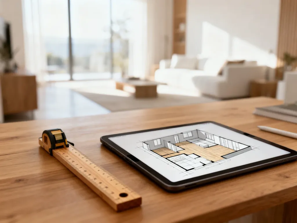 Szkic architektoniczny nowoczesnego biura domowego z miarką i tabletem z projektem 3D na drewnianym biurku.