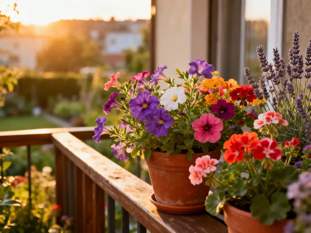 Słoneczny balkon z kolorowymi kwiatami w doniczkach, takimi jak pelargonie i lawenda, oświetlony ciepłym światłem popołudnia.