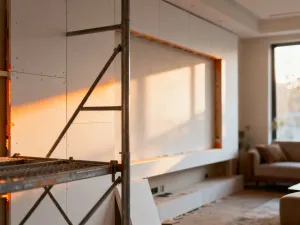 Nowoczesna drewniana komoda w sypialni z wazonem, świecą i książką, tworząca przytulną i minimalistyczną aranżację.