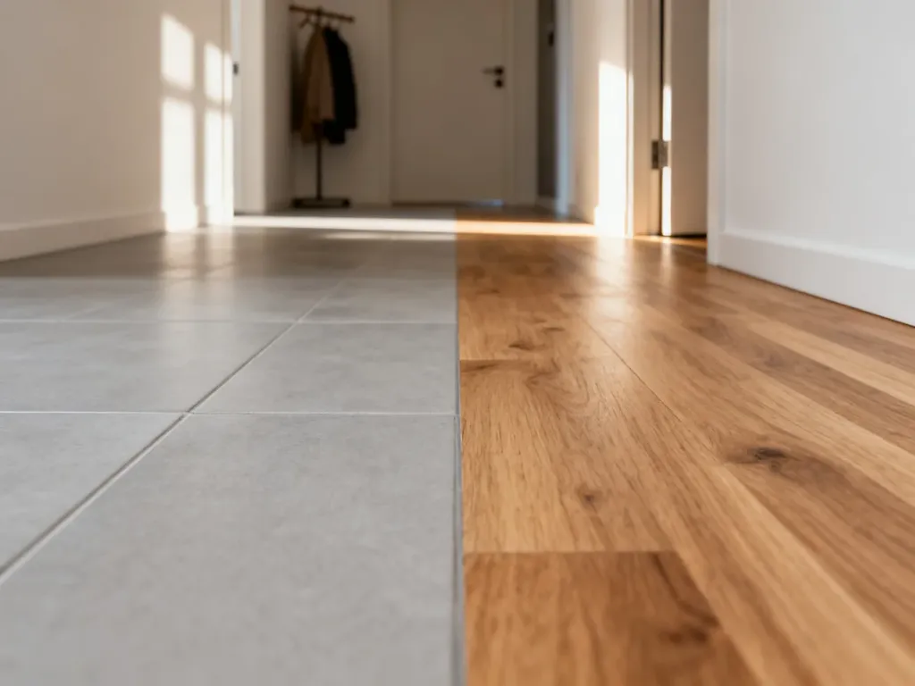 Zbliżenie na łączenie jasnych płytek ceramicznych z drewnianymi panelami w nowoczesnym przedpokoju.