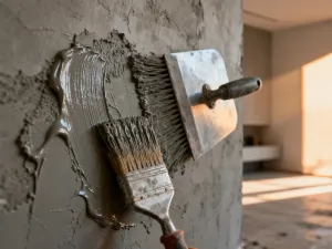 Nowoczesny salon z łososiowymi ścianami, jasnym stolikiem kawowym i dekoracyjnym wazonem z trawą pampasową.