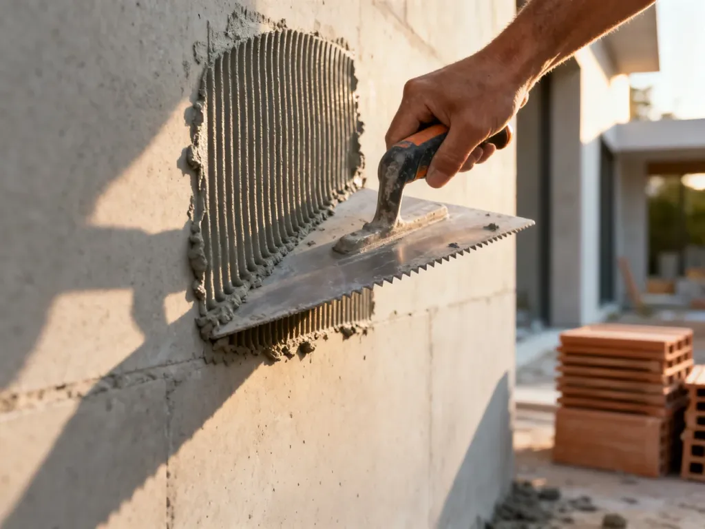 Paca zębata rozprowadzająca zaprawę klejową na betonowej ścianie, tworząca precyzyjne rowki pod płytki ceramiczne.