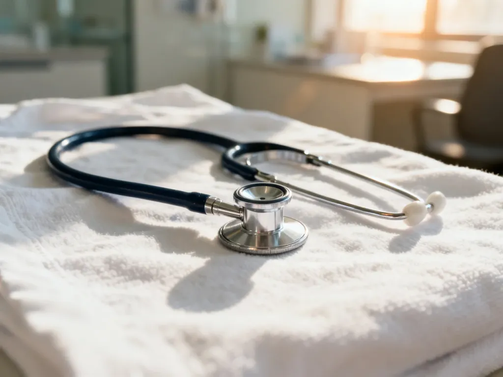 Stetoskop medyczny na białym materiale, symbolizujący diagnostykę układu oddechowego w gabinecie lekarskim.