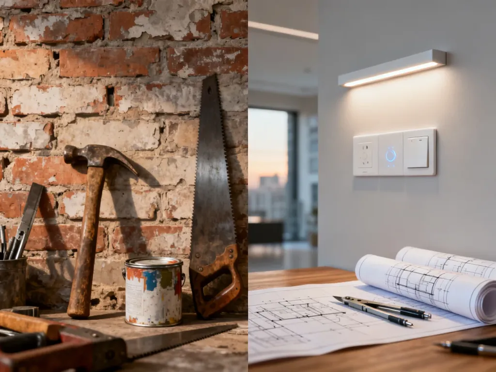 Zestawienie surowej ściany z narzędziami oraz nowoczesnego wnętrza typu smart home, obrazujące różnicę między remontem a modernizacją.