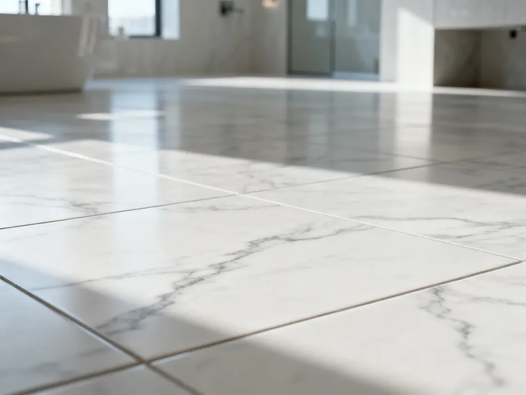 Wielkoformatowe płytki ceramiczne z marmurowym wzorem w nowoczesnej łazience, podkreślające efekt jednolitej powierzchni.