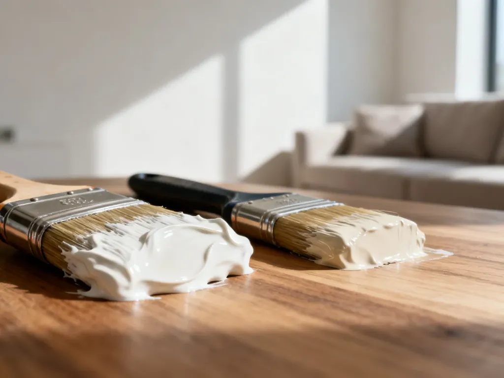 Dwa pędzle z nałożoną farbą ceramiczną i lateksową na drewnianym blacie, prezentujące różnice w teksturze i połysku powłok.