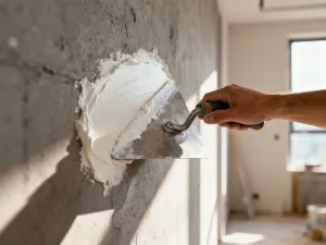 Stalowa paca rozprowadzająca gładź szpachlową na betonowej ścianie podczas prac remontowych.