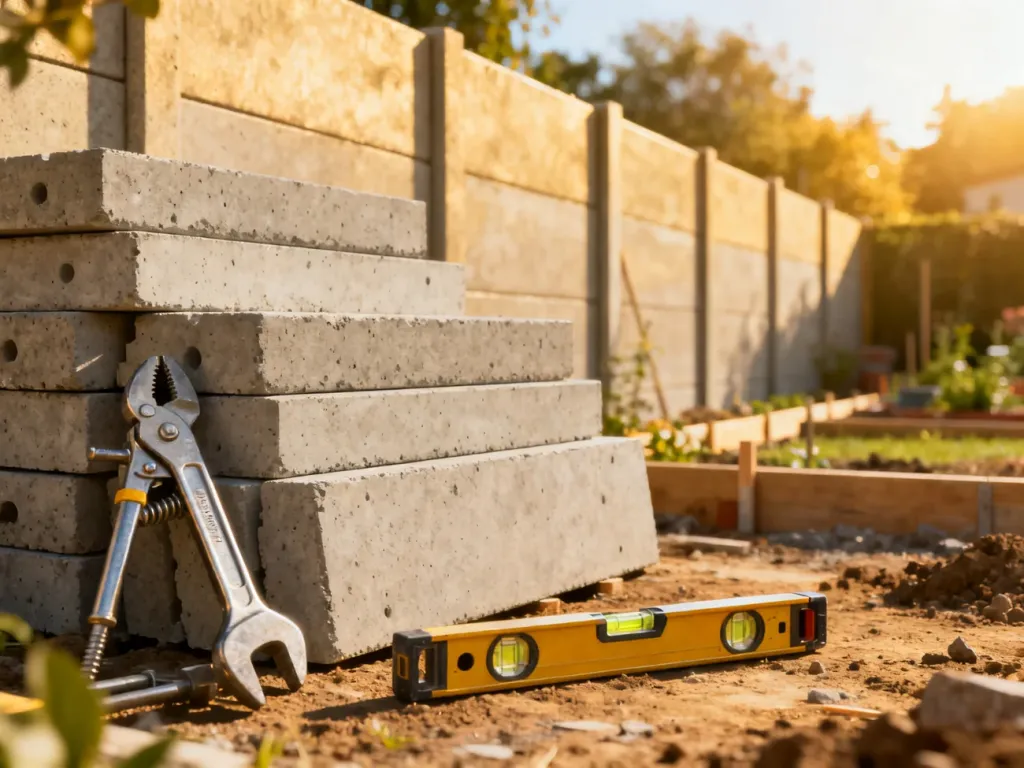 Płyty betonowe do budowy ogrodzenia oraz narzędzia montażowe przygotowane do pracy na placu budowy.