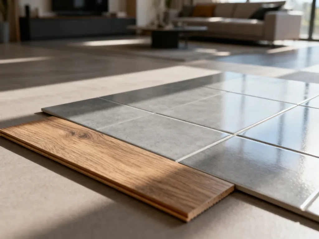 Porównanie faktury drewnianego panelu podłogowego oraz gładkiej płytki ceramicznej w naturalnym świetle.