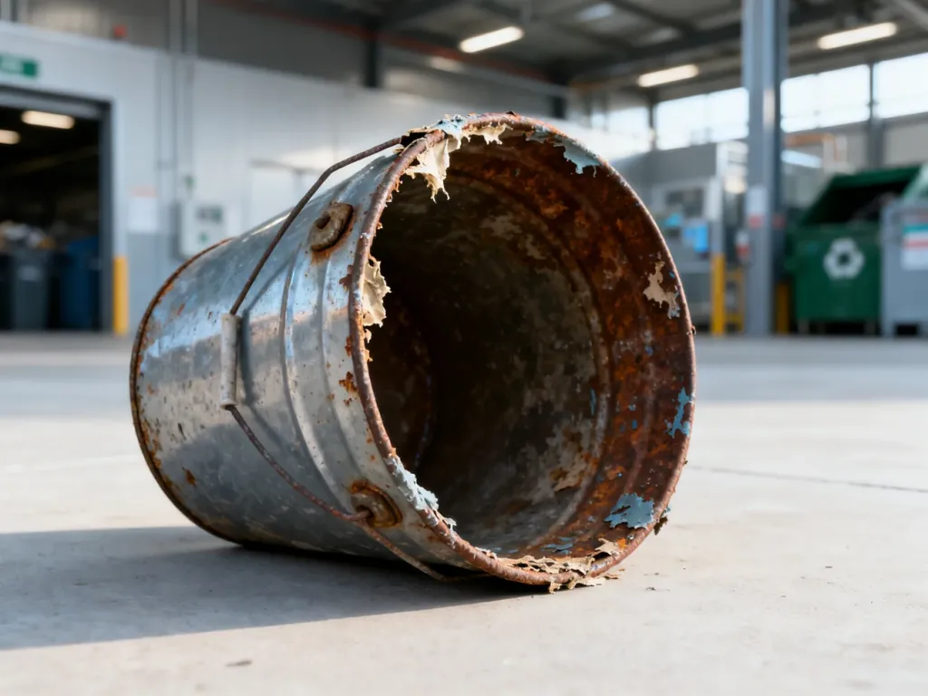 Zużyte metalowe wiadro po farbie na betonowym podłożu, symbolizujące konieczność właściwej utylizacji odpadów niebezpiecznych.