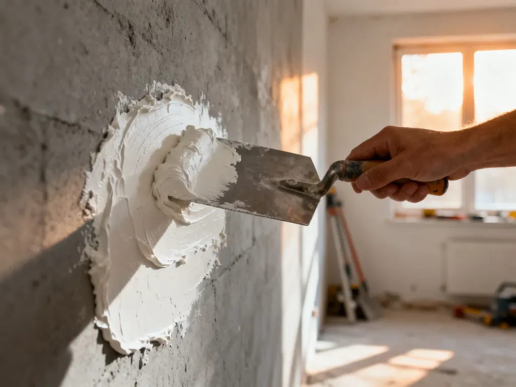 Metalowa paca nakładająca gładź szpachlową na betonową ścianę podczas remontu wnętrza.