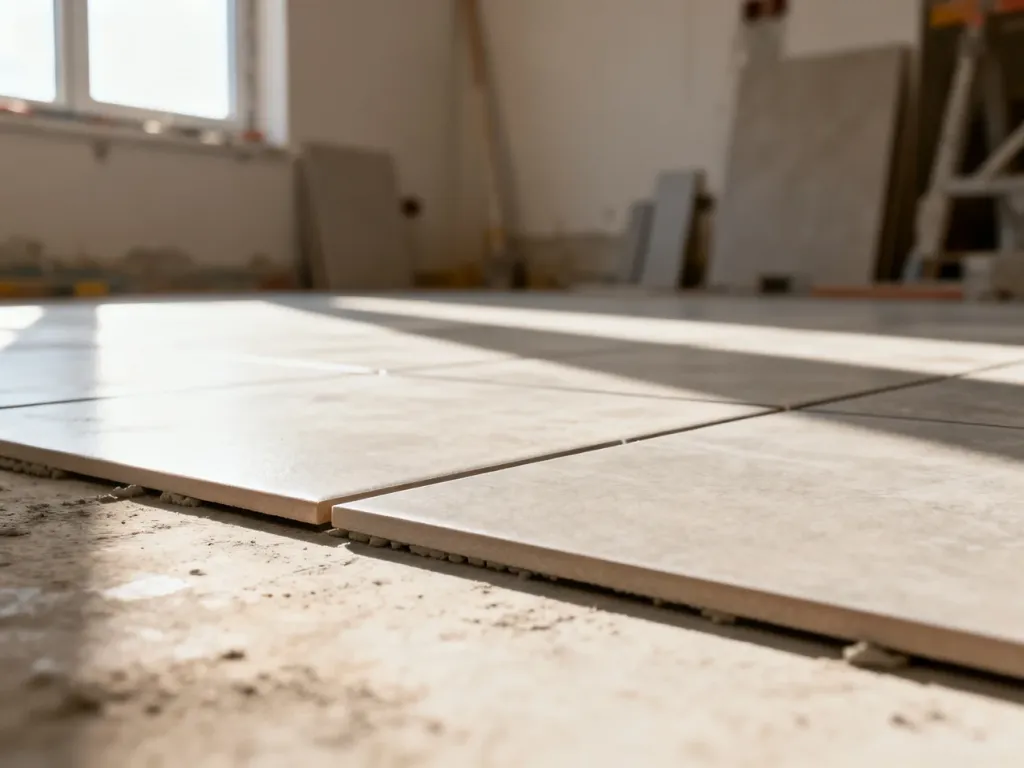 Zbliżenie na płytki ceramiczne ułożone w przesunięciu 1/3, podkreślające precyzyjne fugi i fakturę materiału.