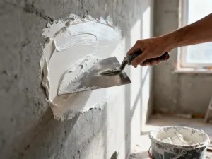 Próbki blatów z marmuru, betonu i kamienia zestawione z brązowymi meblami kuchennymi w słonecznym wnętrzu.