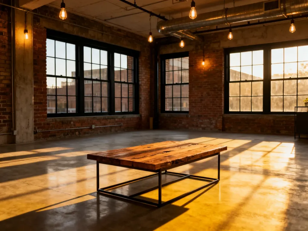 Przestronny loft z ceglanymi ścianami, betonową podłogą i dużymi oknami, ilustrujący industrialny styl wnętrzarski.