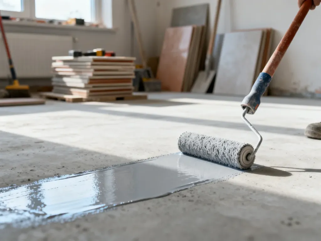 Profesjonalne nakładanie preparatu gruntującego wałkiem na czystą wylewkę betonową przed ułożeniem płytek ceramicznych.