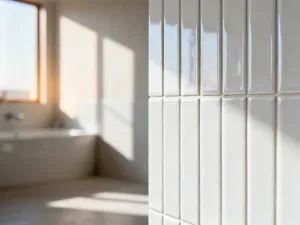 Płytki gresowe o wzorze dębowego drewna w nowoczesnym salonie, podkreślające realistyczną strukturę i ciepły odcień podłogi.