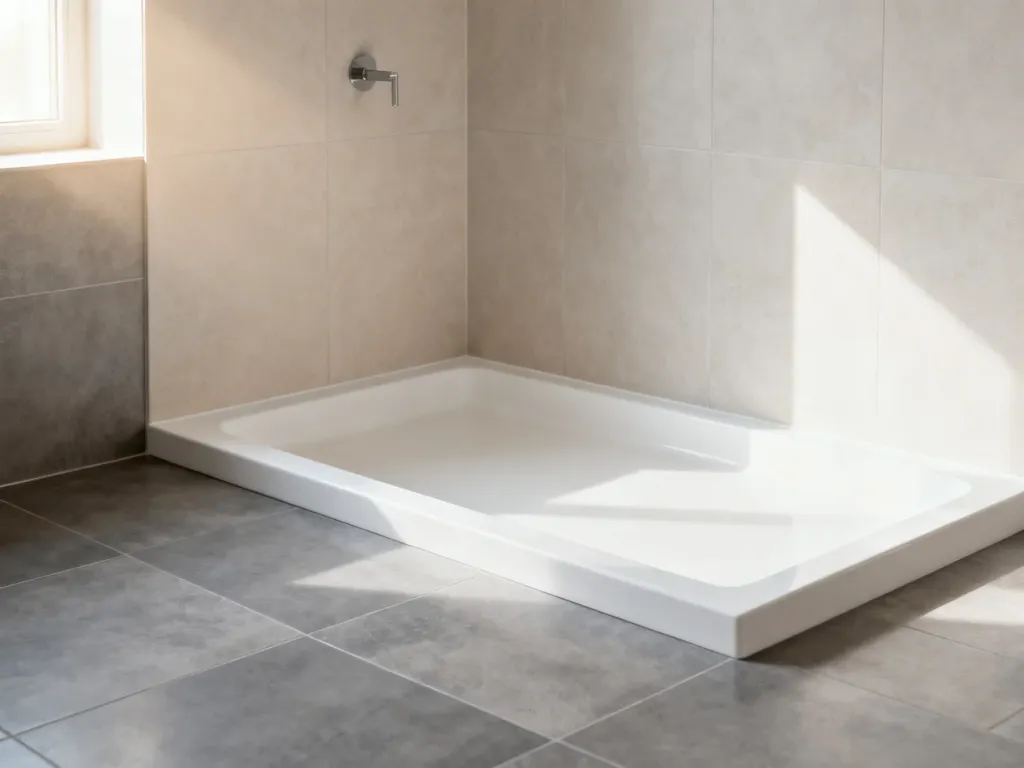 Nowoczesna łazienka z minimalistycznym prysznicem typu walk-in, łączącym płytki ceramiczne z niskim brodzikiem.